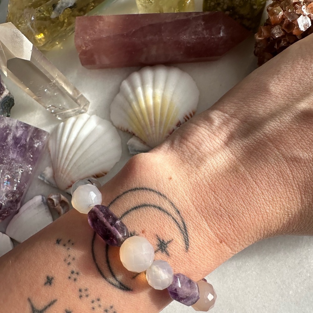 Amethyst + Lavender Bicone Beaded Stretch Bracelet OOAK